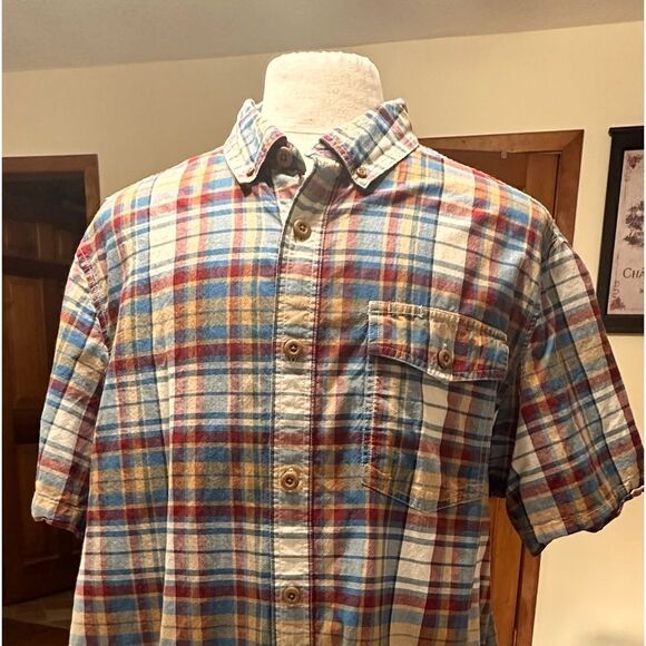 Duluth Trading Untucked Short Sleeve Blue and Red Check Relaxed Fit Shirt XL - Picture 2 of 9